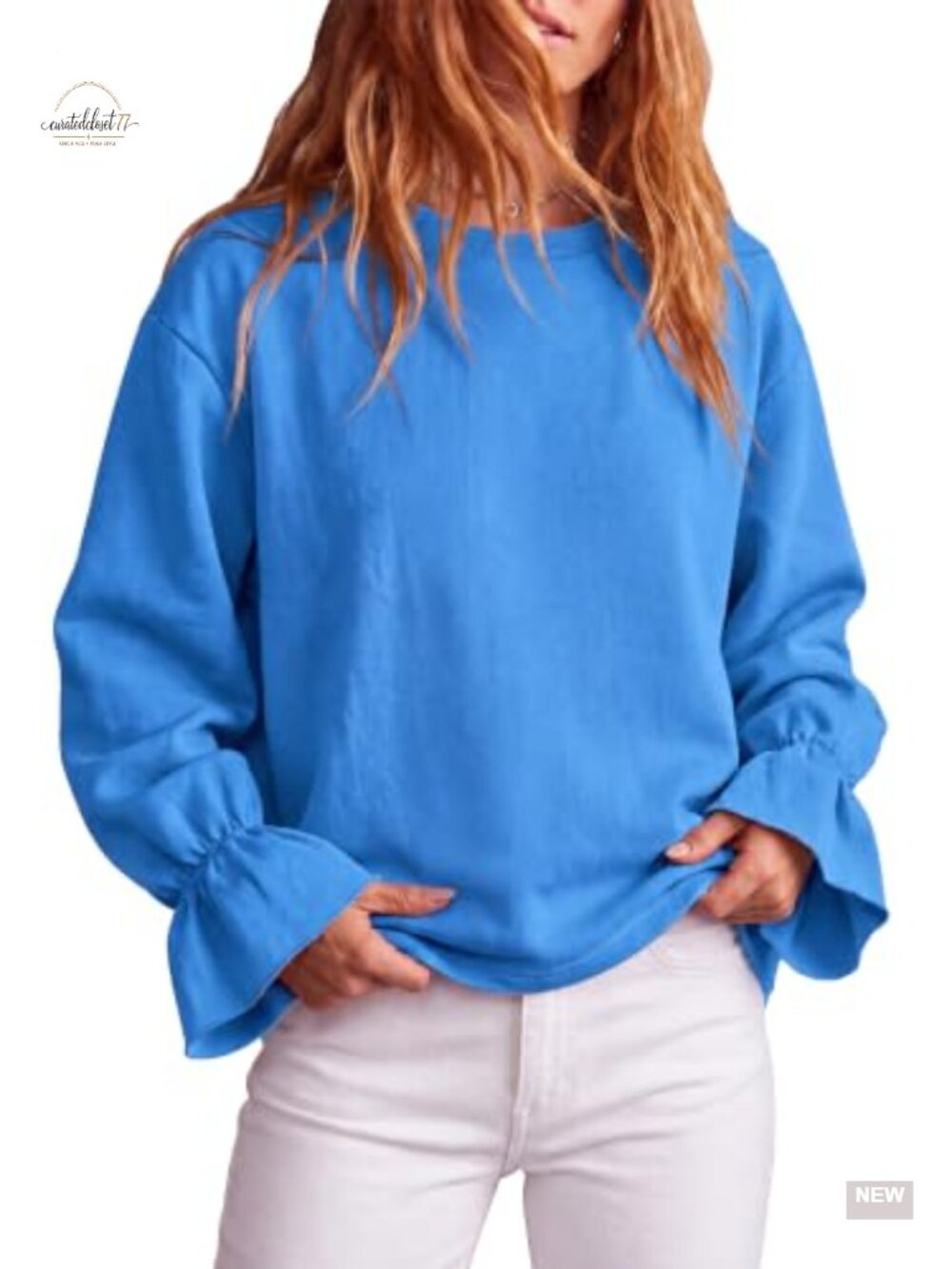 Oversized Fleece Sweatshirt Crew Neck Ruffle Sleeve Pullover